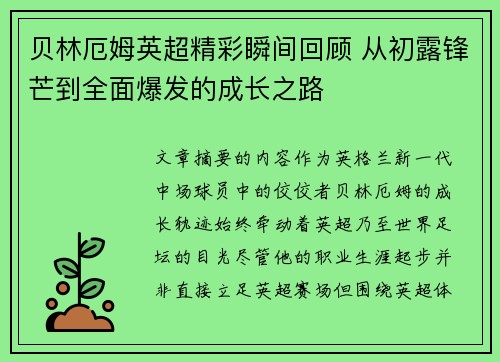 贝林厄姆英超精彩瞬间回顾 从初露锋芒到全面爆发的成长之路